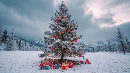 A quiet snowy valley holds a tall Christmas tree glittering with glowing ornaments and warm holiday...