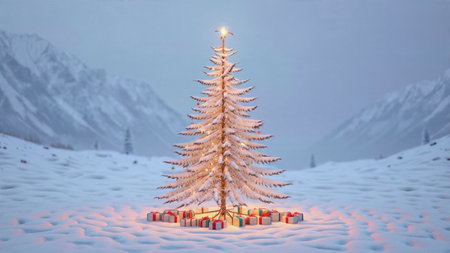 A luminous Christmas tree rises from a silent snowy plain, adorned with red silk ribbons and shining...