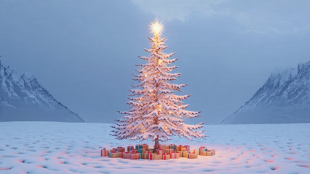 A warm glowing Christmas tree brightens the quiet snowy scenery with vivid holiday colors.
