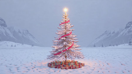 A glowing Christmas tree with red ribbons and bright baubles sits at the center of a peaceful snowy meadow.の写真素材