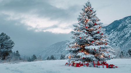 A majestic holiday tree adorned with glass ornaments and snow sparkles warmly with mountains providing a dramatic snowy backdrop.の写真素材