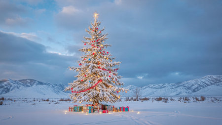 A winter valley is brought to life by a glowing Christmas tree decorated with sparkling ornaments.