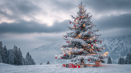 A magical holiday tree glimmers with multicolored lights amid a silent snowy background.の写真素材