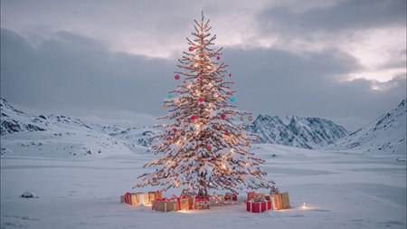 A majestic Christmas tree radiates with vivid colors as snowflakes rest lightly on its branches.の写真素材