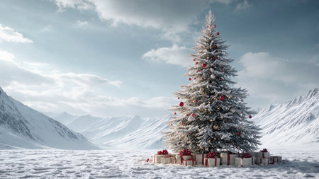 A gorgeous tree covered in snow sparkles with holiday lights, brightening the silent winter air.の写真素材