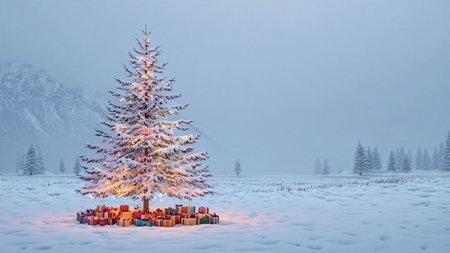 A magnificent Christmas tree covered in snow sparkles with colorful decorations, surrounded by a silent snowy field and white peaks.の写真素材