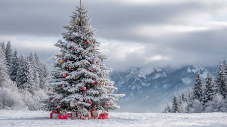 A snow-glittered Christmas tree rises from a peaceful landscape, the mountains behind fading into white mist.の写真素材