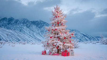 A festive holiday tree shines with vibrant decorations in a peaceful snowy valley.の写真素材