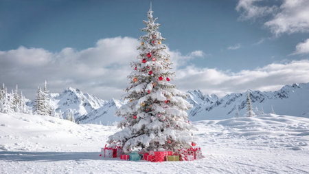 A snow-capped Christmas tree sparkles brightly under a calm gray sky, standing in untouched powdery snow.の写真素材