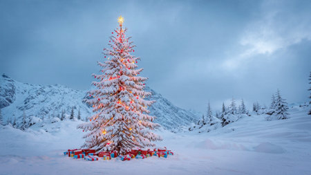 A Christmas tree adorned with ribbons and ornaments glimmers softly amidst a silent snowy field.の写真素材