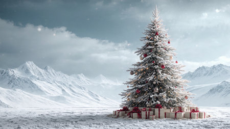 A tall, majestic Christmas tree stands in a peaceful snowy landscape, its branches heavy with...