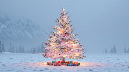 A beautiful holiday tree coated in snow glows gently beneath the cloudy sky, with colorful presents...