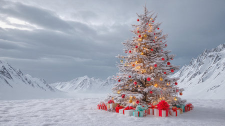 A gently glowing holiday tree decorated with red ribbons stands at the center of a snowy valley.の写真素材