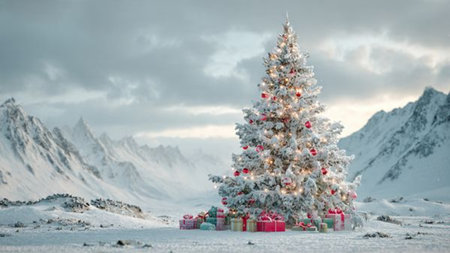 A picturesque winter landscape highlights a bright Christmas tree glowing with festive lights.の写真素材