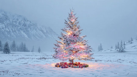 A silent snowy field glows with the light of a tall Christmas tree decorated with vibrant ornaments.の写真素材
