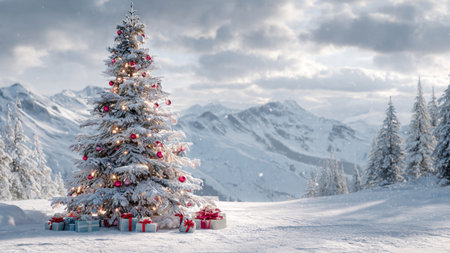 A majestic evergreen dusted with snow glows softly as delicate clouds pass overhead.の写真素材