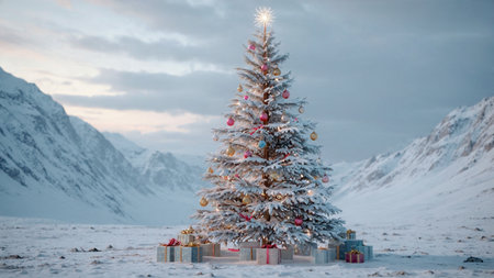 A charming snow-covered Christmas tree glows gently as soft clouds drift across the grayish winter sky.の写真素材