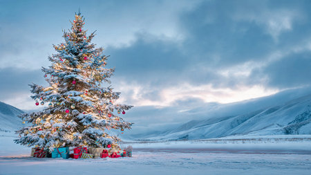 A stunning Christmas tree with snow-dusted branches creates a warm glow against the icy background...