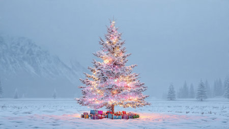 A gently glowing holiday tree decorated with red ribbons stands at the center of a snowy valley.