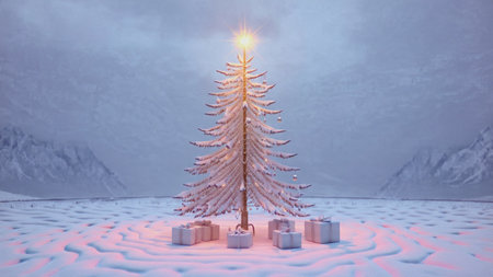 A sparkling Christmas tree adorned with red ribbons stands tall in a field of untouched snow.