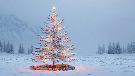 A charming snow-covered Christmas tree glows gently as soft clouds drift across the grayish winter sky.の写真素材
