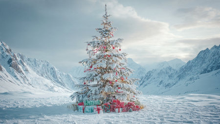 A grand holiday tree glows warmly against a cold snowy landscape, its red ribbons and glass balls sparkling above colorful wrapped gifts.の写真素材