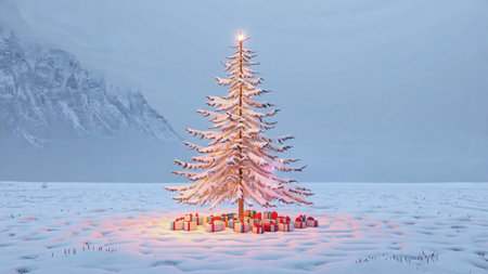 A serene winter field is illuminated by a radiant Christmas tree adorned with red silk ribbons.