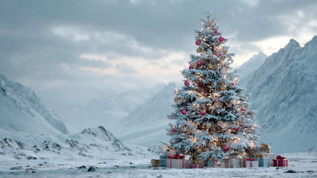 A pristine snowy field features a warm-lit Christmas tree surrounded by bright gift boxes.の写真素材