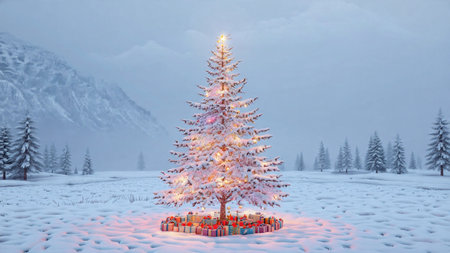 A snow-covered evergreen adorned with red ribbons illuminates the serene winter landscape.