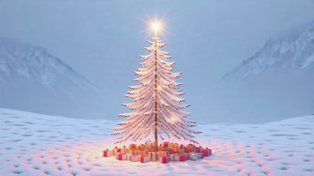 A glowing Christmas tree stands gracefully beneath a sky filled with drifting winter clouds.の写真素材