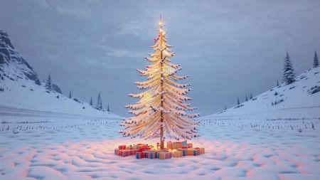 A majestic holiday tree glows warmly with festive decorations while snow blankets the landscape.