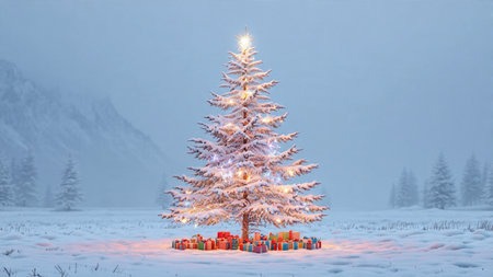 A snow-capped Christmas tree stands majestically, decorated with bright glass ornaments under a...