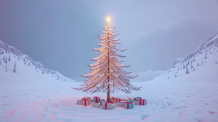 A tall glowing Christmas tree dominates the serene snowy landscape, untouched and peaceful.の写真素材