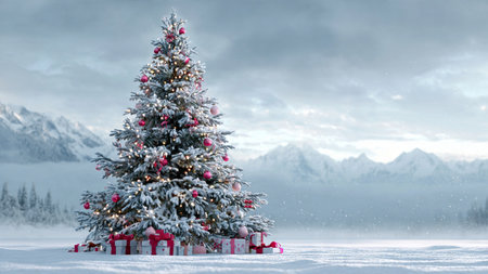 A winter landscape becomes magical with a glowing Christmas tree standing amid untouched snow.の写真素材