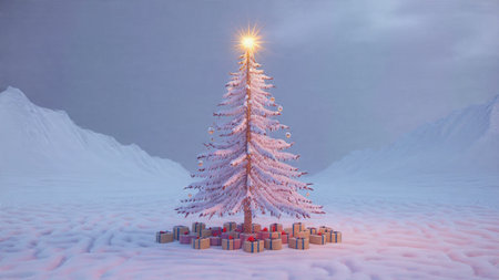 A magical winter moment is captured as a large Christmas tree gleams warmly under a grayish sky filled with light clouds.の写真素材