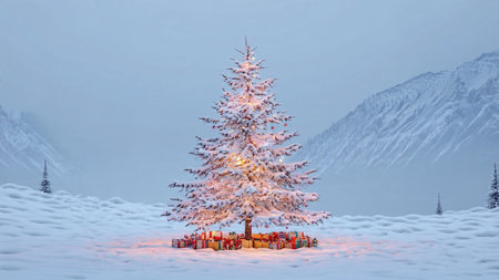 A glowing Christmas tree covered in soft snow stands beneath a pale sky, with untouched white ground stretching around it.の写真素材