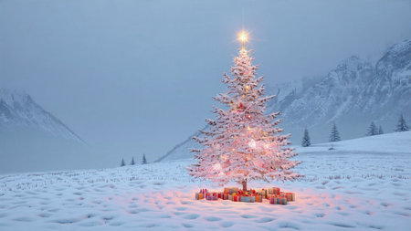 A tall, beautifully decorated Christmas tree stands untouched by footprints, glowing softly in a...