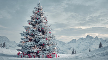 A towering Christmas tree sparkles with holiday charm, surrounded by untouched snow under a cloudy...