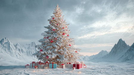 A serene winter hillside features a tall Christmas tree shining brightly with holiday colors.
