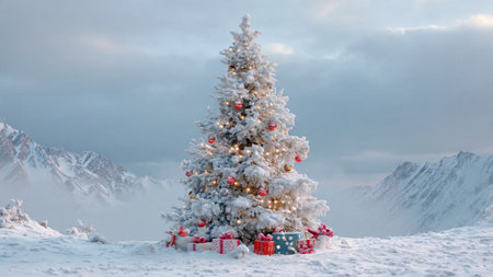 A brilliant evergreen decorated with bright ornaments rises from a vast snowy landscape.の写真素材