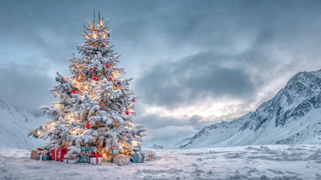 Christmas tree in the mountains with gifts under the snow on a winter eveningの写真素材