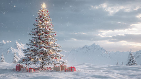 Digital composite of Christmas tree with gifts and snow in front of snowy mountainsの写真素材