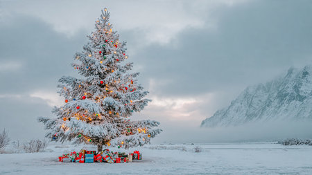Beautiful winter landscape with Christmas tree, gifts and lights on the background of mountainsの写真素材
