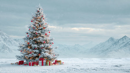 Snowy landscape with christmas tree, gifts and snowflakesの写真素材