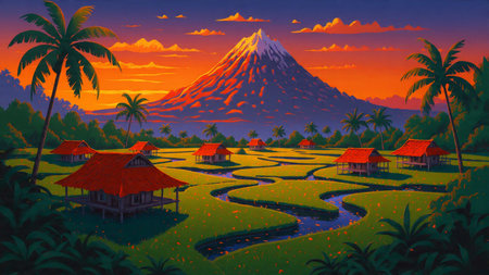 Curved bright rice terraces dominate the foreground with a scenic blue mountain.