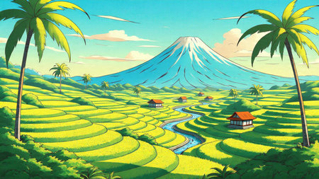 A picturesque depiction of tropical rice terraces stretching into the distance below a grand mountain peak.の写真素材