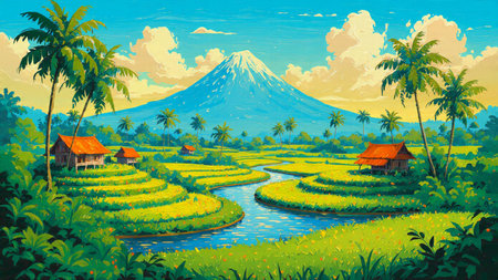 Soft reflections on water-filled terraces create a shimmering visual against the distant volcano.