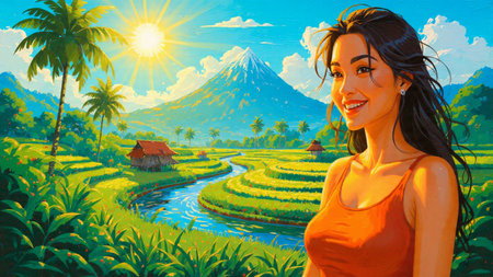 A lively landscape with flowing terrace lines and a bold tropical sunset behind the mountain.の写真素材