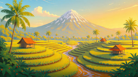 A dynamic flat-art depiction of a tropical valley filled with bright green rice steps, vibrant trees, and small wooden huts.の写真素材