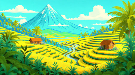 A dynamic tropical landscape filled with sweeping terrace curves and bold colors.の写真素材